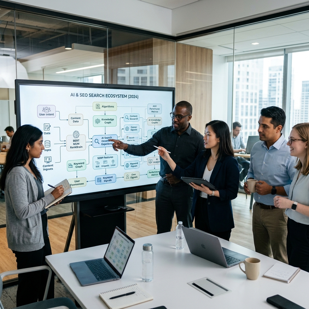 Strategy team analyzing SEO diagram